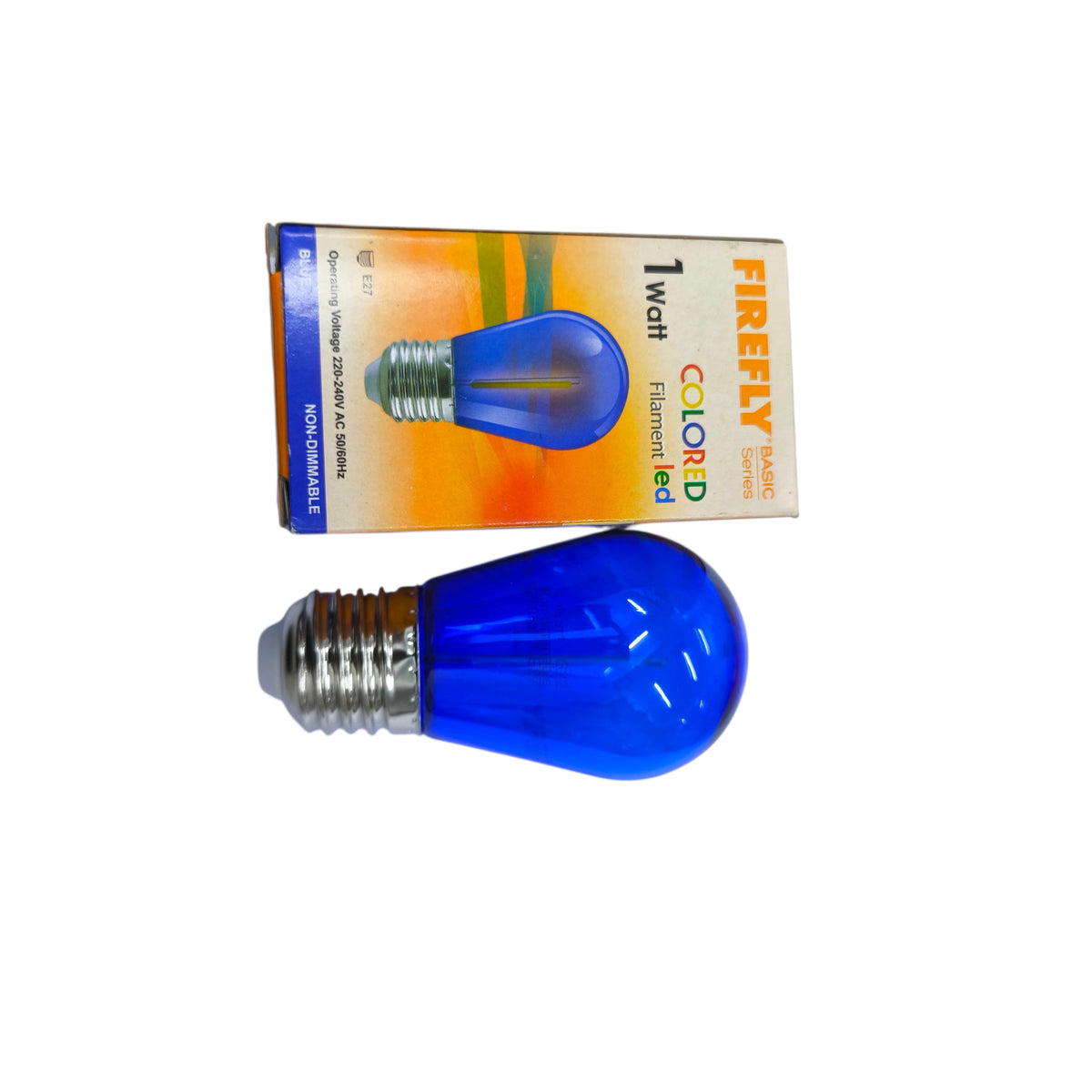 Blue light bulb with packaging labeled 'Firefly' on a white background