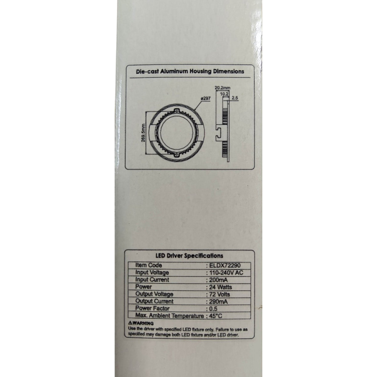 Technical specifications label on a white background