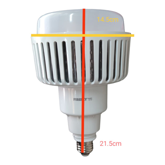 A white LED light bulb with a ribbed metal heat sink and an E14 screw base, shown on a white background with red and yellow measurement overlays indicating 14.5cm width and 21.