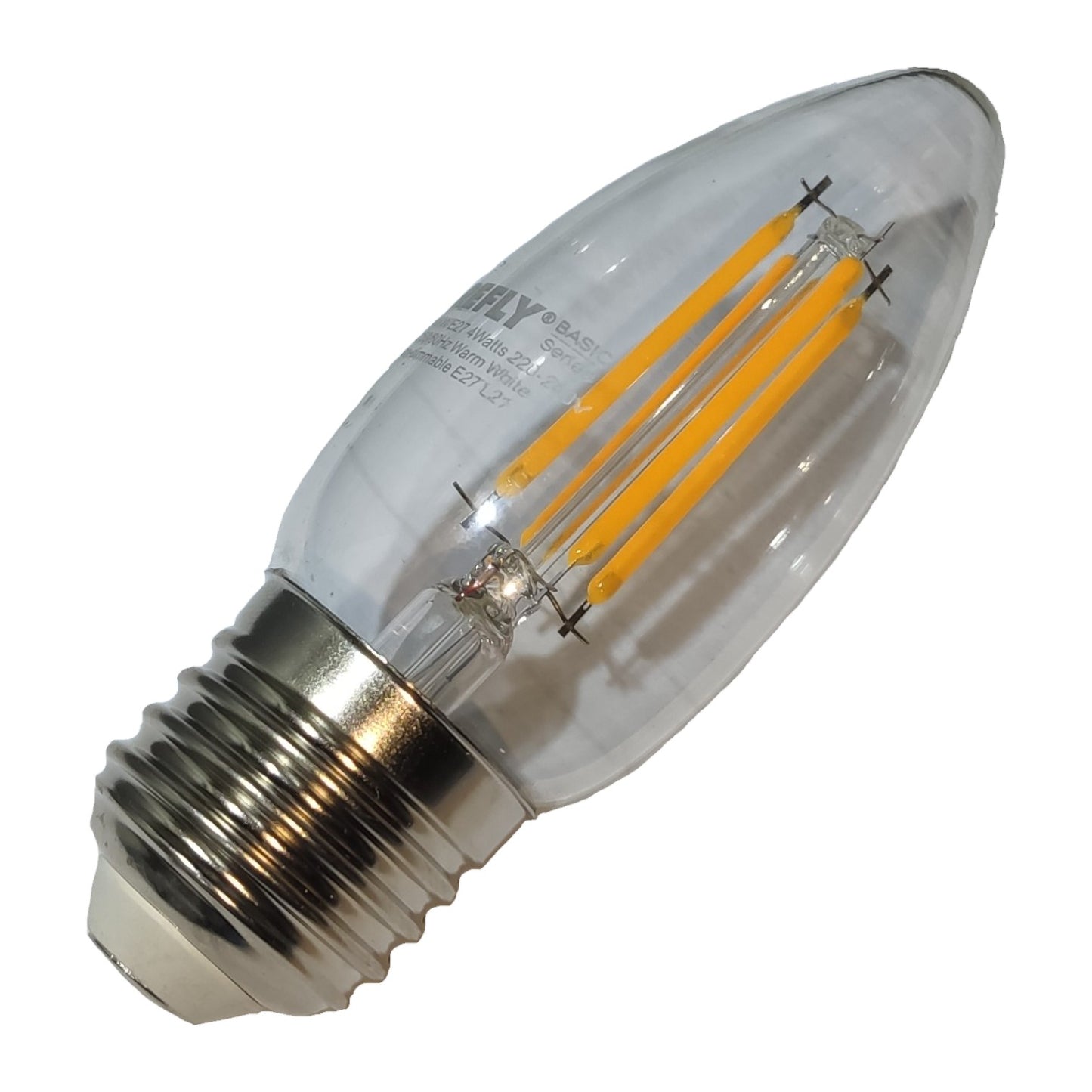 Clear LED light bulb with visible filaments on a white background
