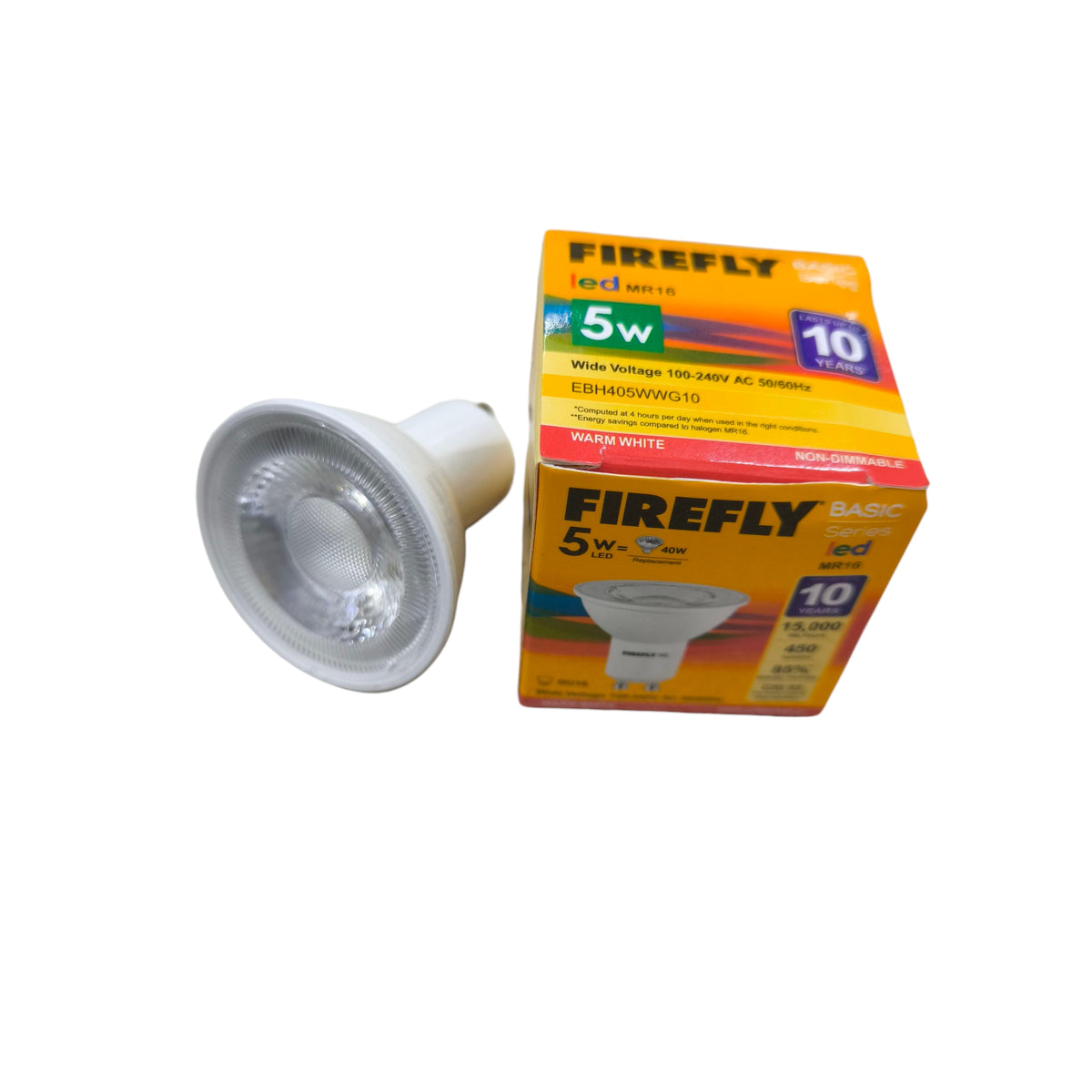 Firefly LED light bulb and packaging on a white background