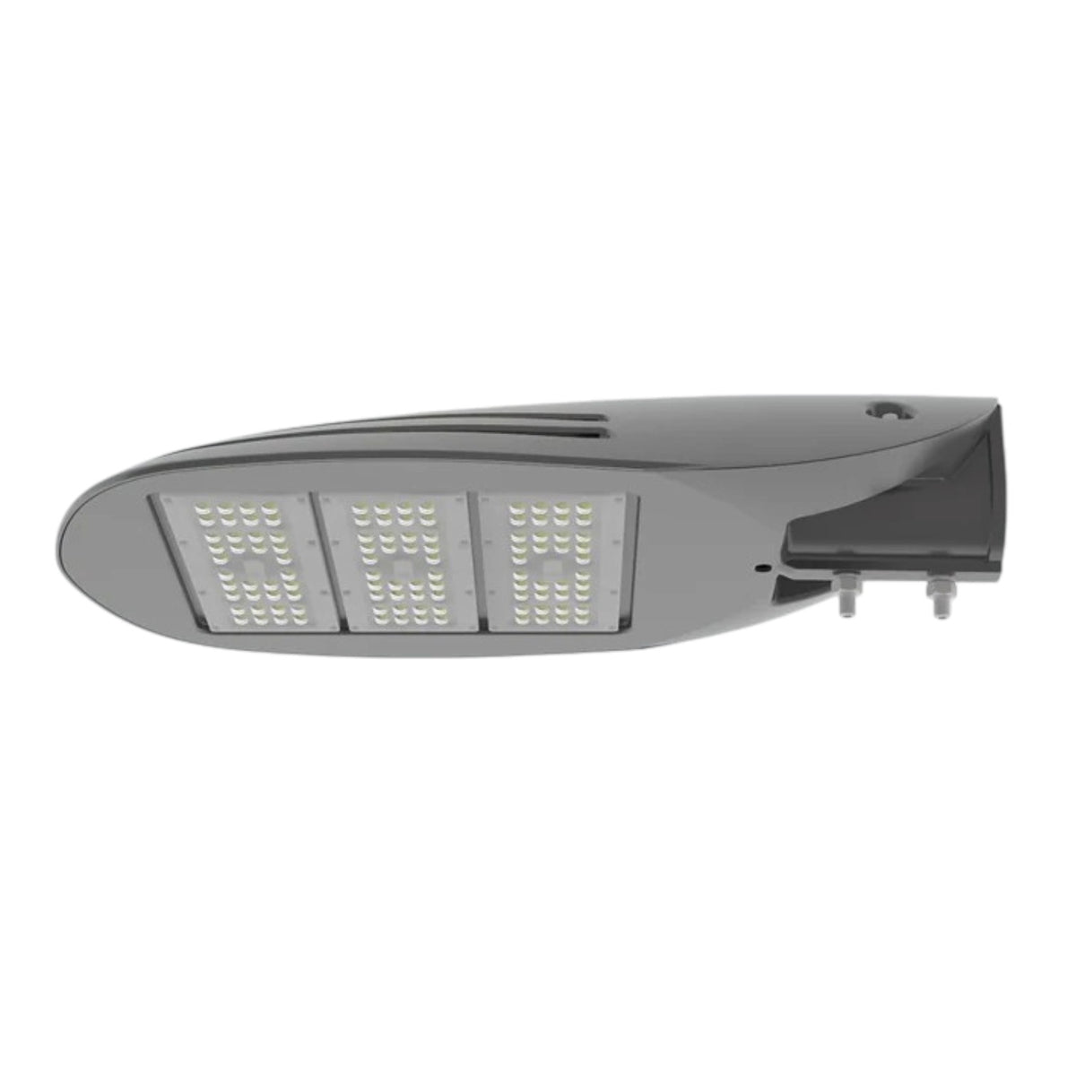 A modern street light fixture with a dark gray housing, three illuminated LED light panels, and mounting brackets on the side, shown against a plain white background.