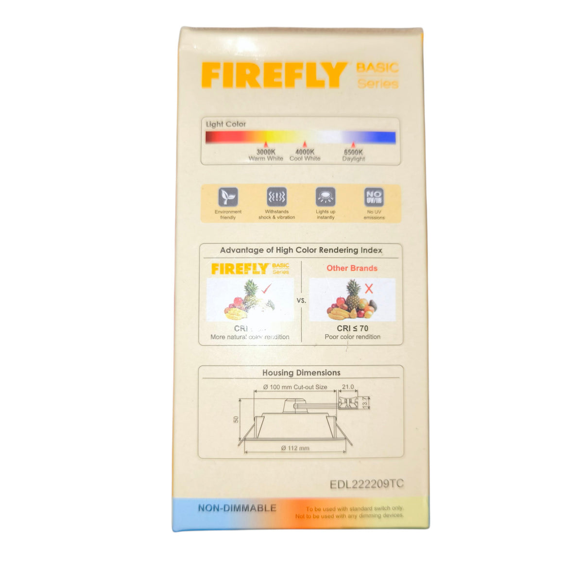 Firefly lighting product packaging with specifications on a white background