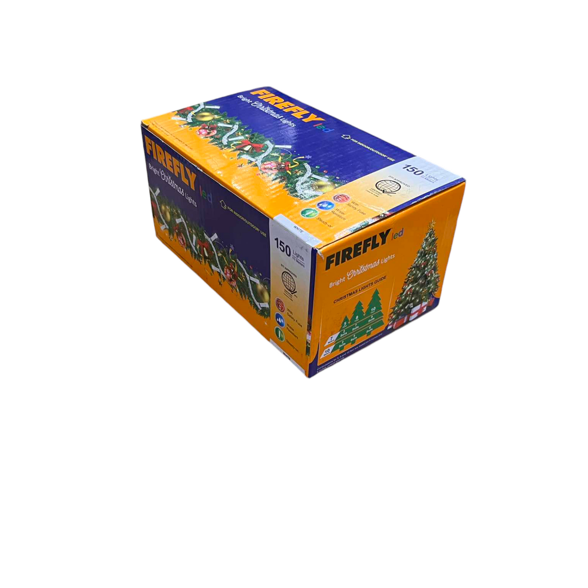 Firefly LED Christmas Lights 900 LED in orange and blue packaging with holiday tree decoration