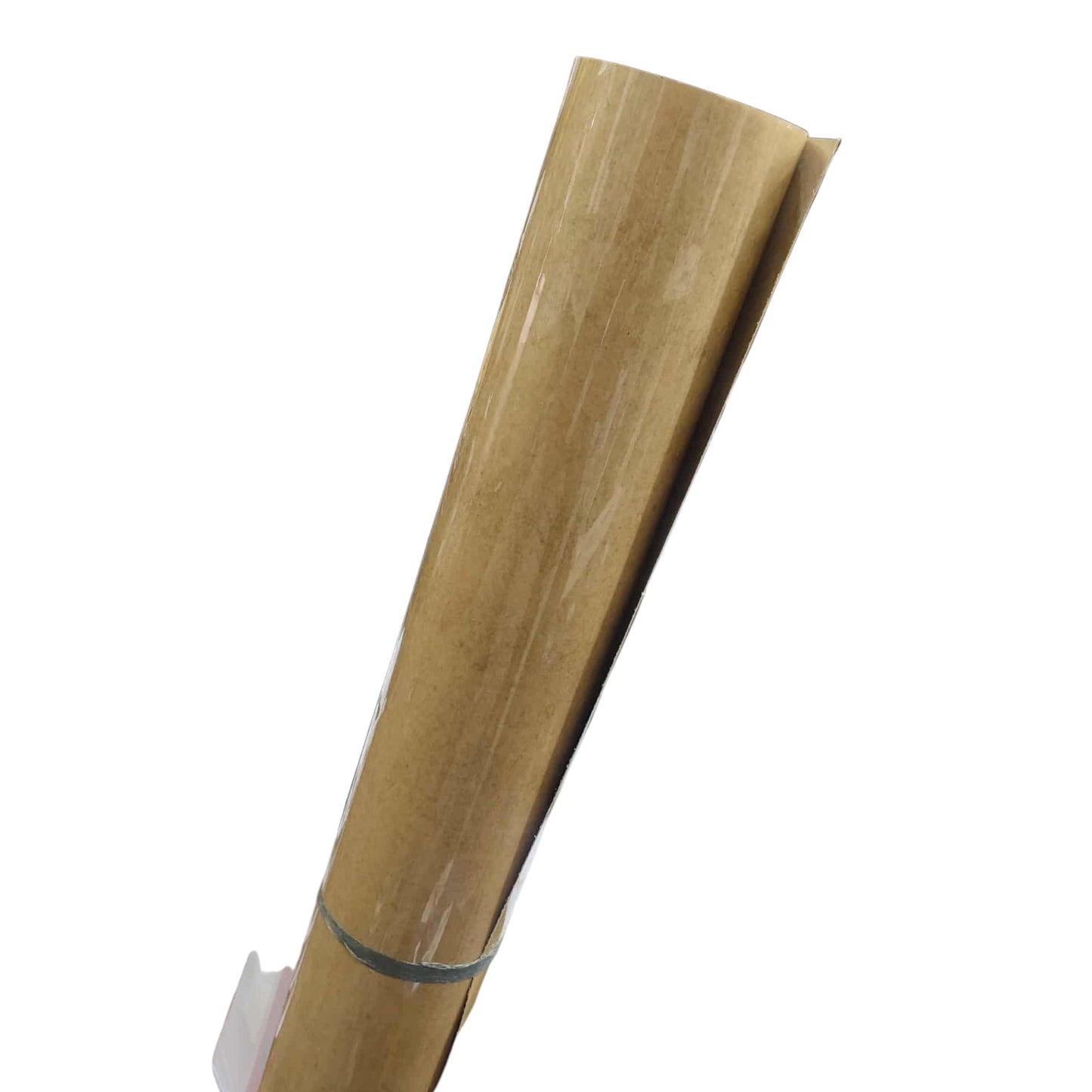 A roll of light brown kraft paper or wrapping paper, partially unrolled and secured with a clear band and white tape, shown against a plain white background.