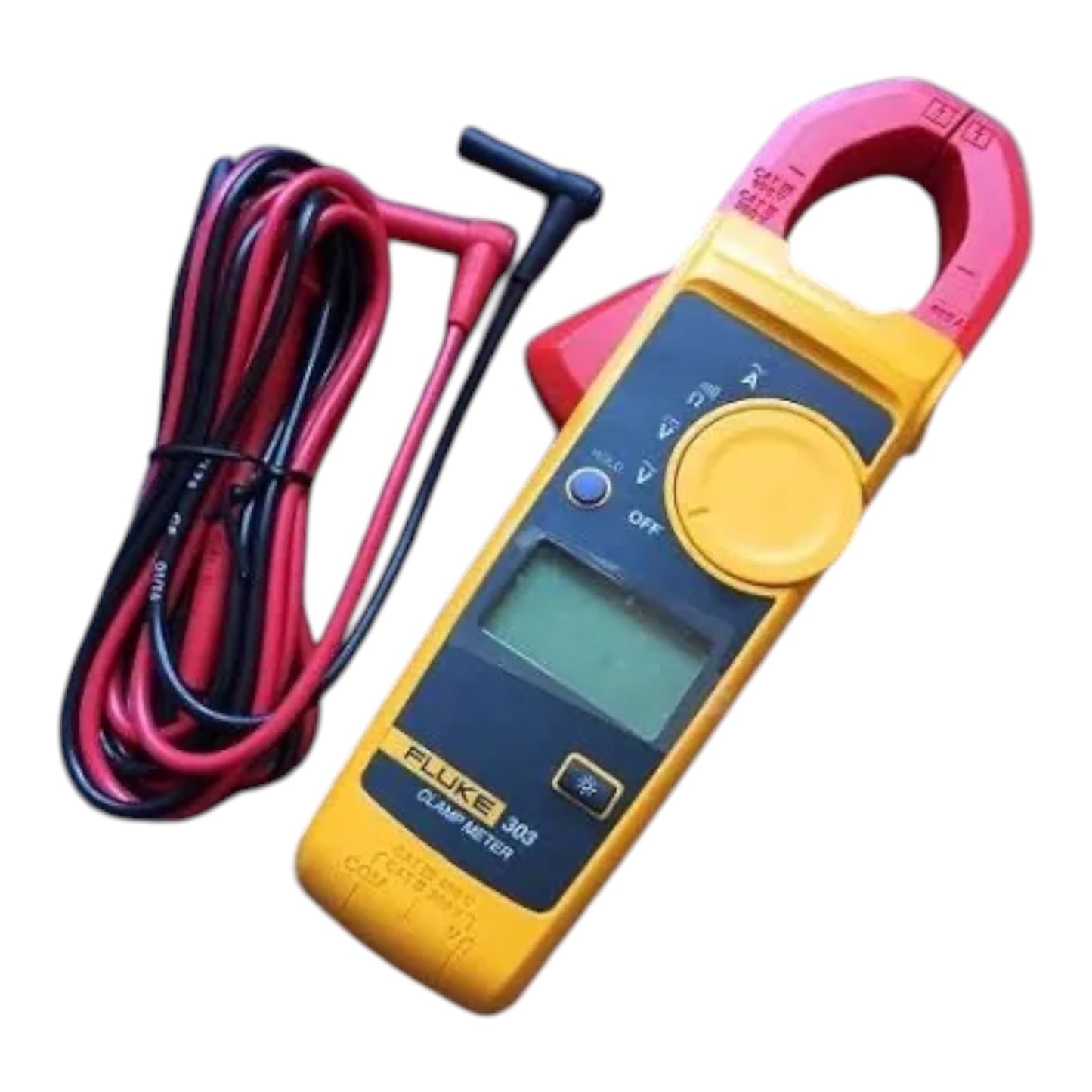 A Fluke 303 clamp meter with a yellow and red body, digital display screen, and attached red and black test leads, shown on a plain white background.