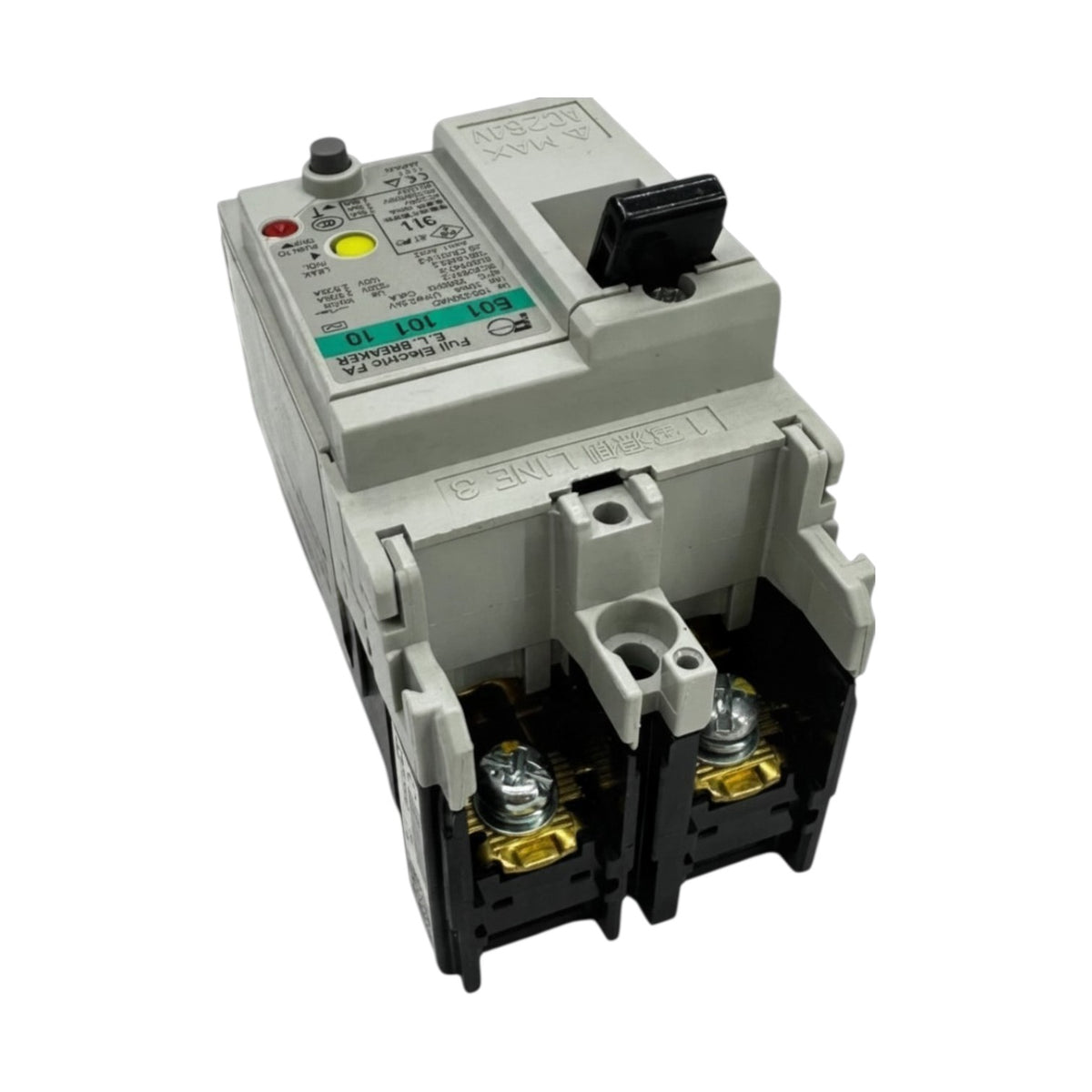 A molded electronic circuit breaker with a gray plastic housing, black switch, and black terminal base with gold-colored screw terminals, shown on a white background.