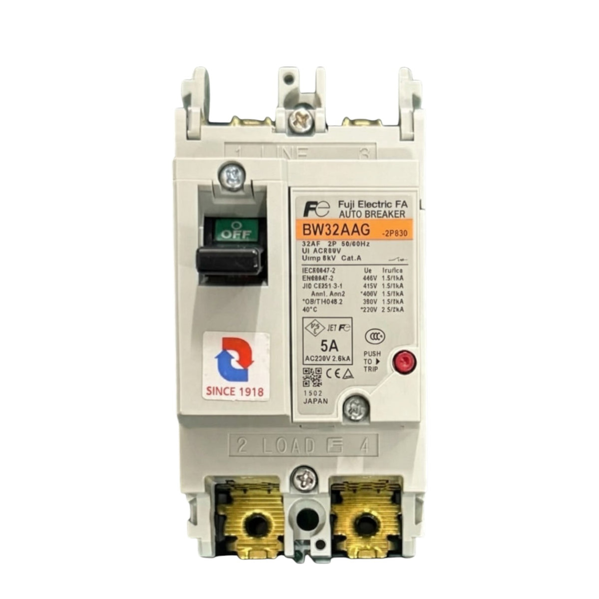 An industrial electrical circuit breaker, model BW32AAG, shown against a plain white background. The unit is primarily a light gray plastic housing with a black toggle switch, gold-colored terminal blocks at the bottom, and various printed technical specifications and safety labels.