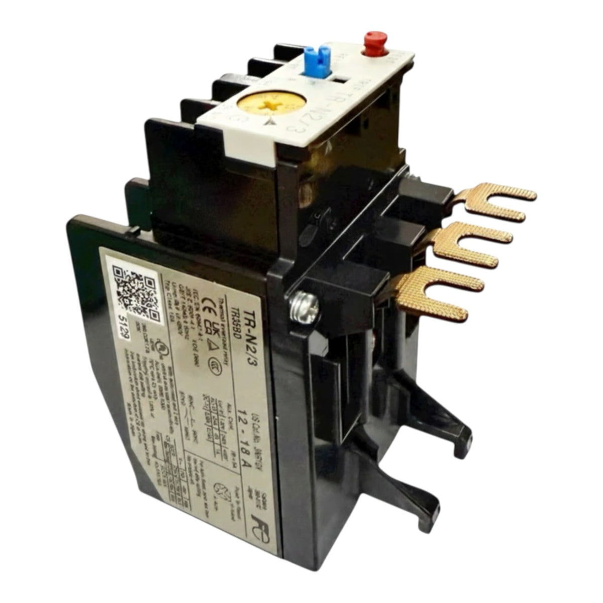 A black electrical contactor or relay component with a white terminal label, blue and red top buttons, gold-colored metal contacts, and a printed specification sticker on a white background.