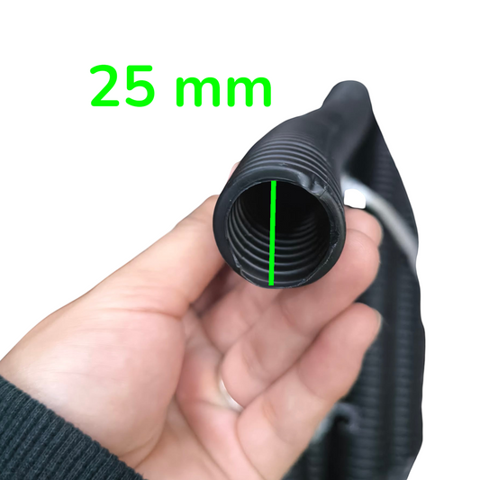 A hand holding a black corrugated hose to show its inner diameter, with a green vertical line and the text '20 mm' indicating the size.