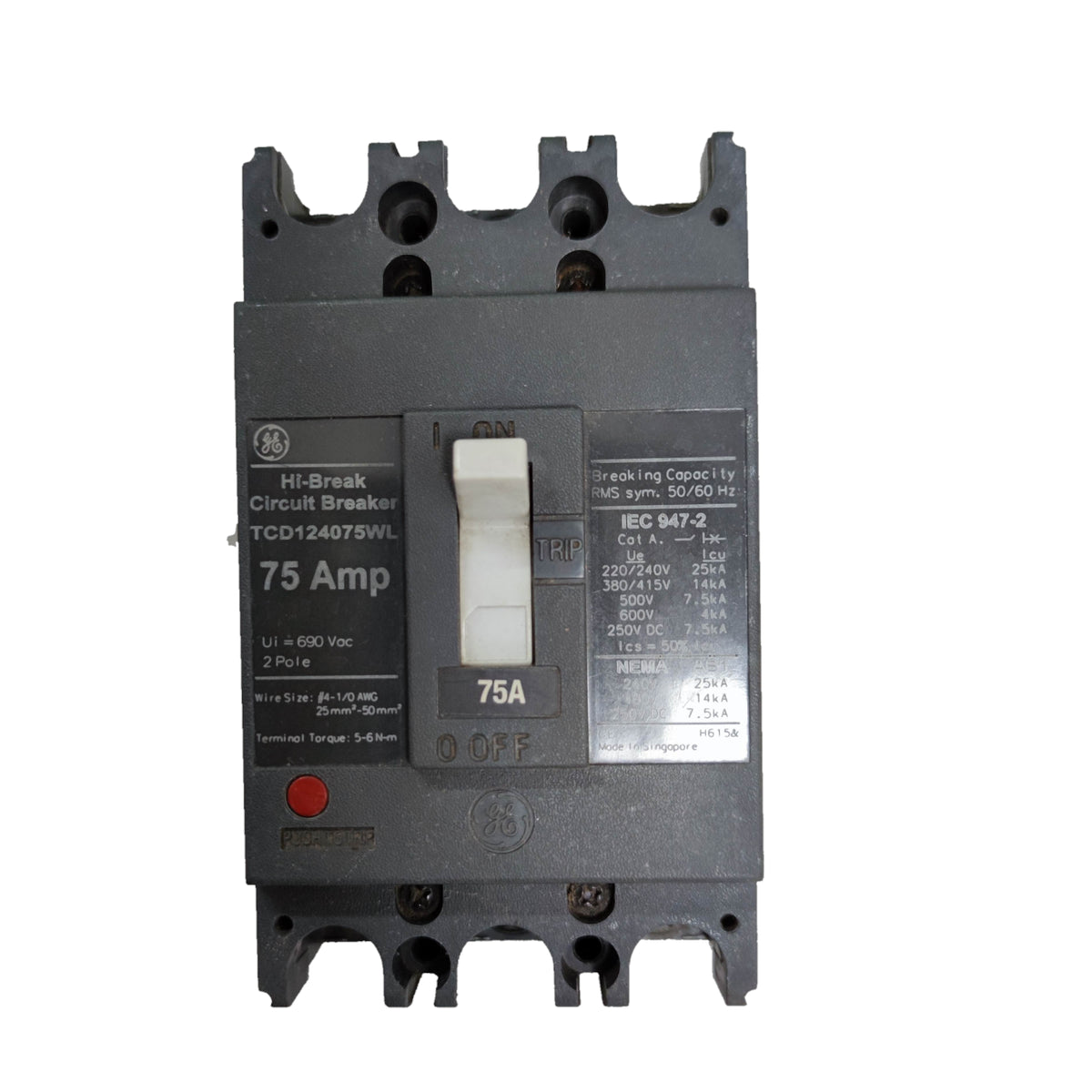 GE 75A 2 Pole Industrial Circuit Breaker 25KAIC 220V TCD124075