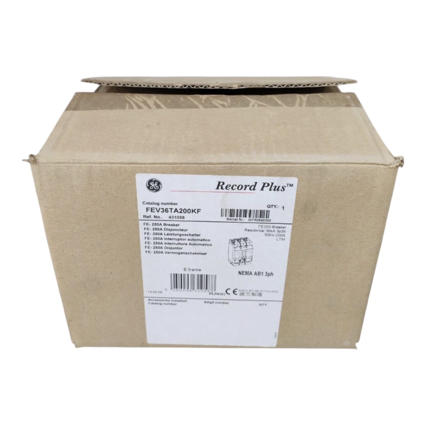 A brown cardboard box with a white label reading 'Record Plus' and product details, photographed on a plain white background.