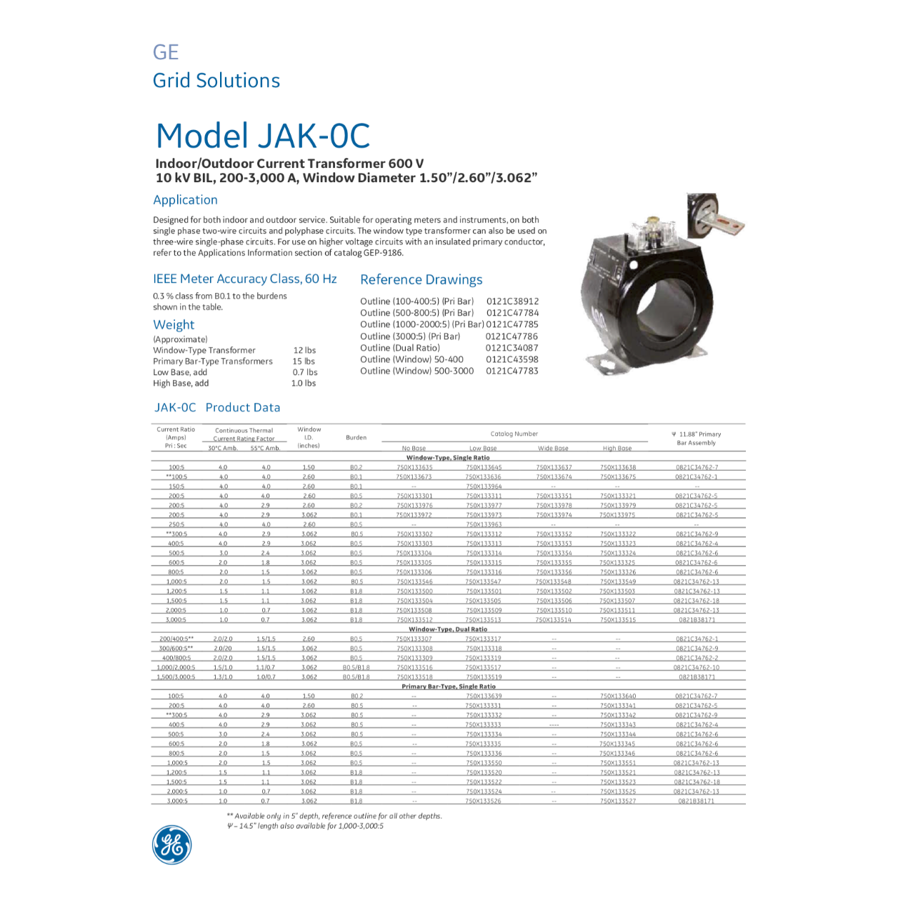 GE 1000:5A Current Transformer JAK-0C With ERC Certification