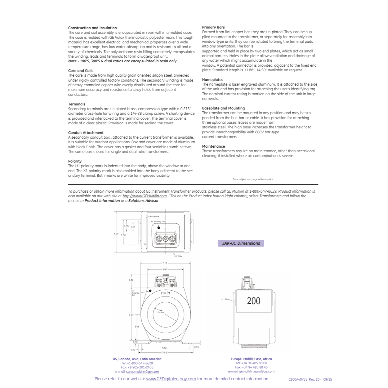 GE 1000:5A Current Transformer JAK-0C With ERC Certification