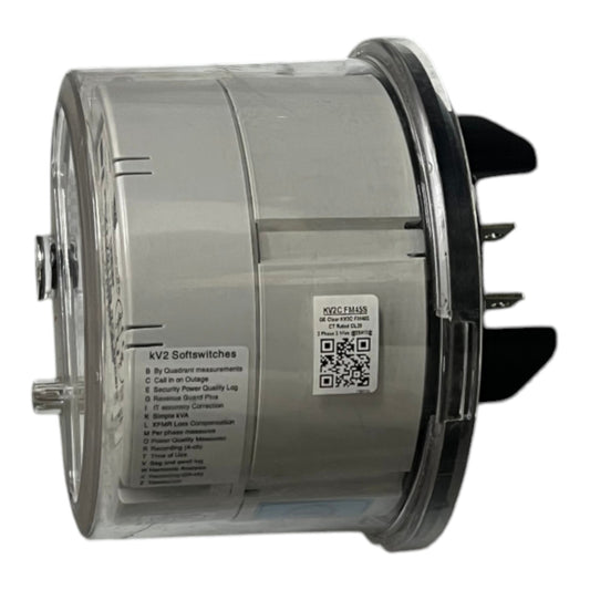 A cylindrical industrial electrical component, specifically a KV2 Softwitches circuit breaker module, featuring a clear plastic housing, a silver metal body, black plastic terminal covers, and printed technical labels.