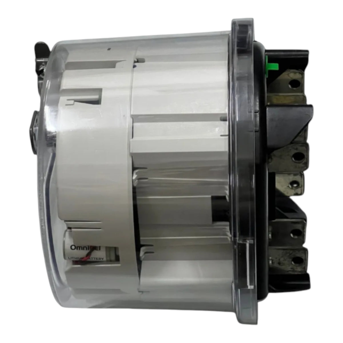 An automotive power window motor assembly with a clear outer casing, white internal motor housing, and black terminal brackets on the side.