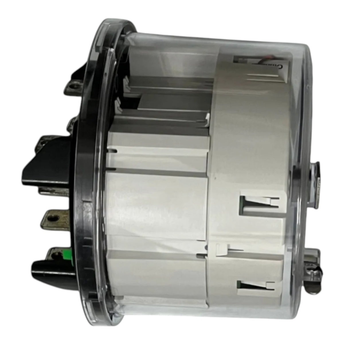 A cylindrical plastic component with a clear outer shell, white inner body sections, and black terminal hardware on the side, photographed on a plain white background.