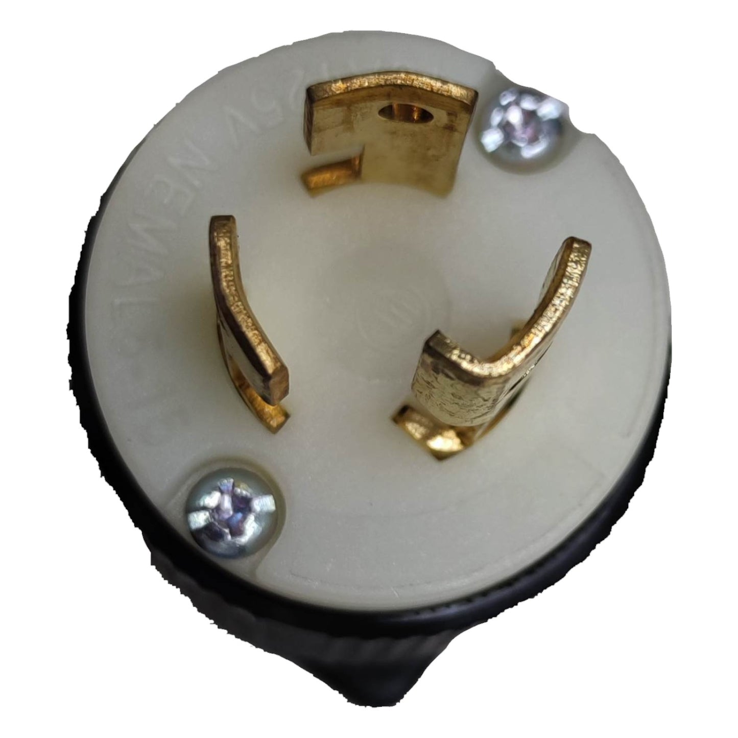 Close-up of a round electrical plug with gold contacts on a white background Grippes 15A 125V Twist Lock Plug Twistlock Plug with Ground 2P+E( 3Pins) BL515P Nema L-5 Twist to Lock Electx Electrical Supply