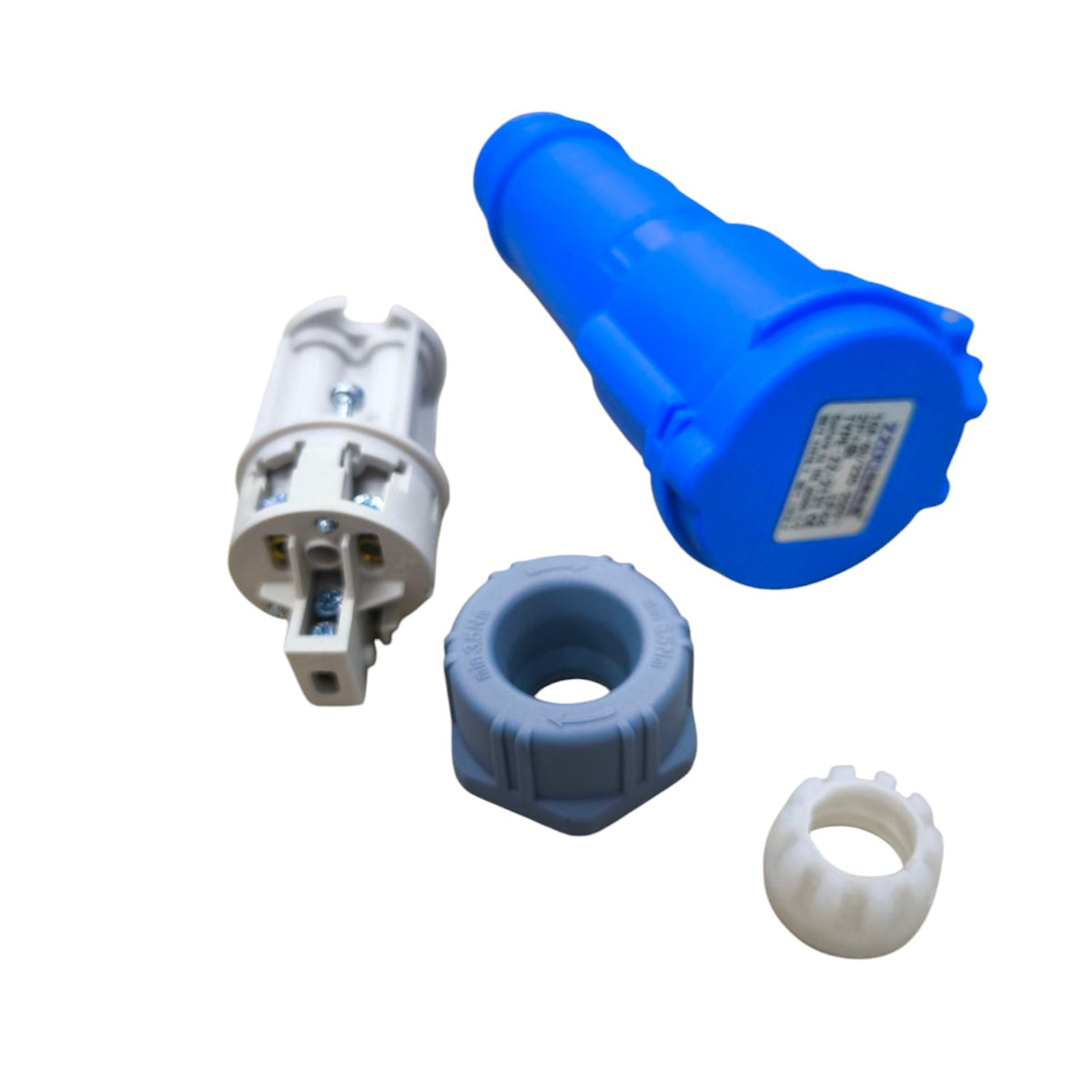 Grippes blue industrial outlet connector with white and gray connector parts for electrical circuitry