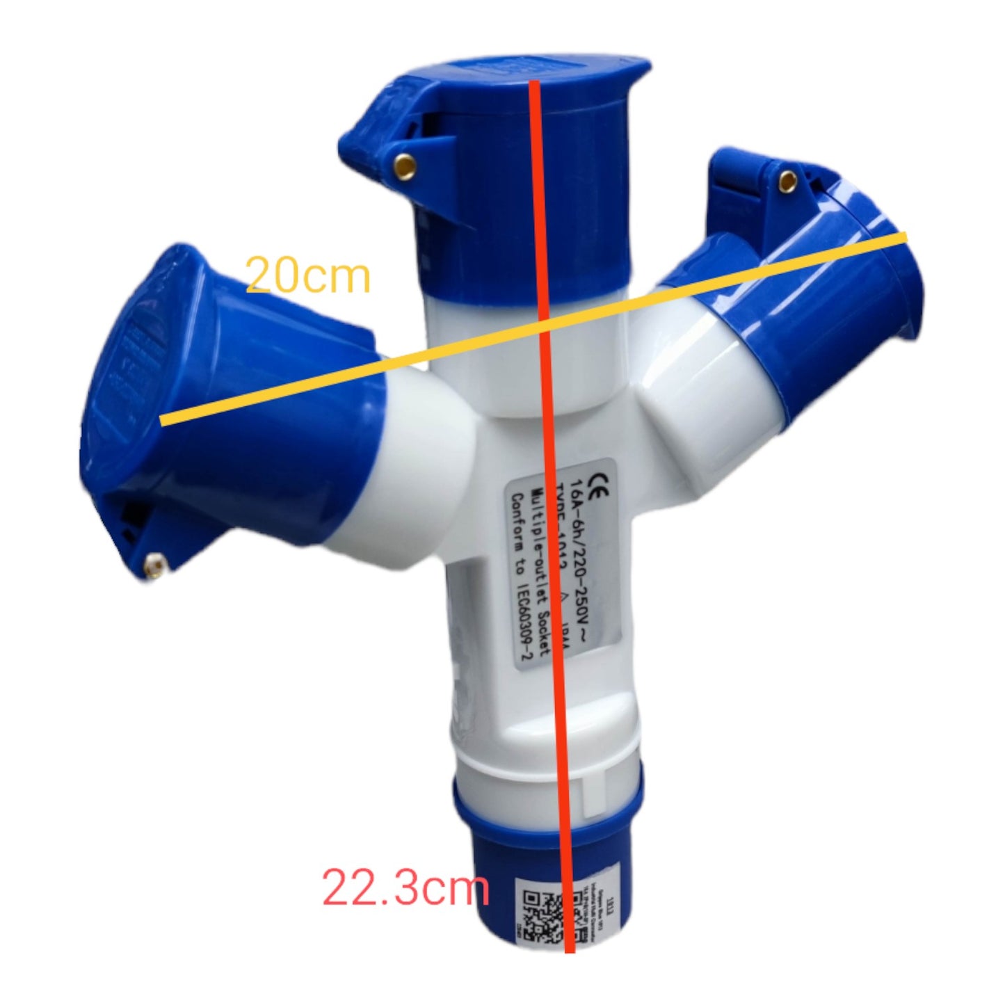 Blue and white Y-shaped valve with measurements on a white background Grippes 16A 2P+E Industrial Splitter Connector 6h 220V ( 3 Pins ) IP44 1 Male 3 Female IEC309-2 # 1013 Electx Electrical Supply