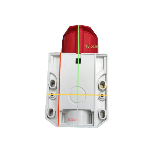 Red and white electrical junction box with measurement markings on a white background