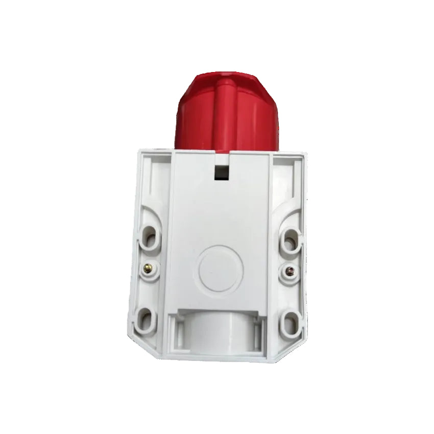 Red and white electrical junction box on a white background