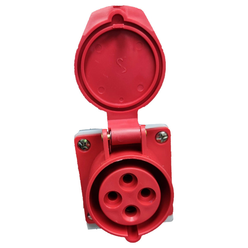 Red electrical plug on a white background