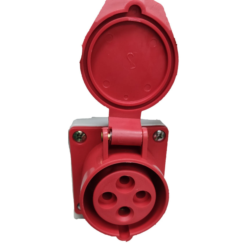 Red electrical plug on a white background