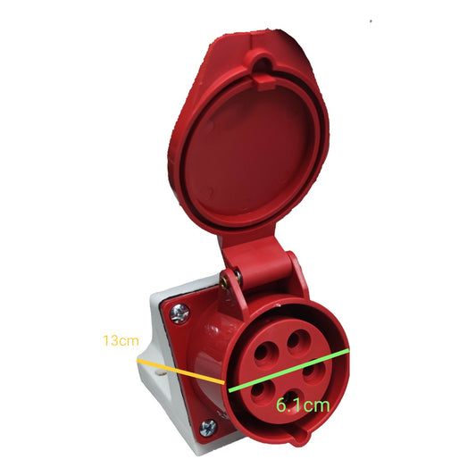 Red electrical plug with measurement details on a white background