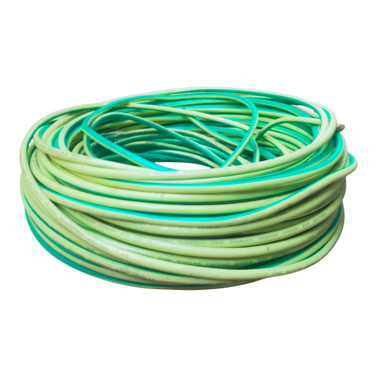 A coiled roll of light green electrical wire or cable on a plain white background.
