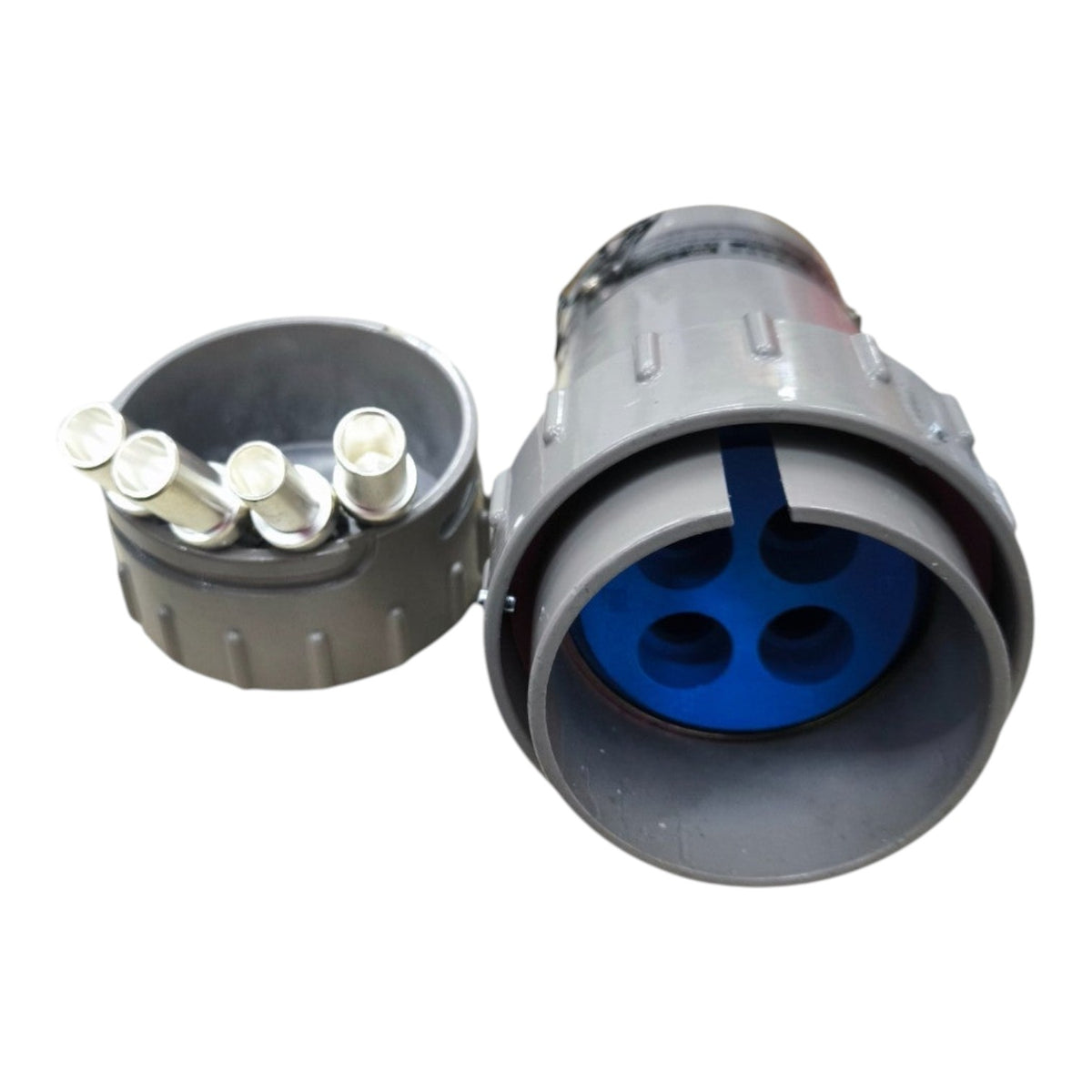 Electrical connector with blue interior on a white background
