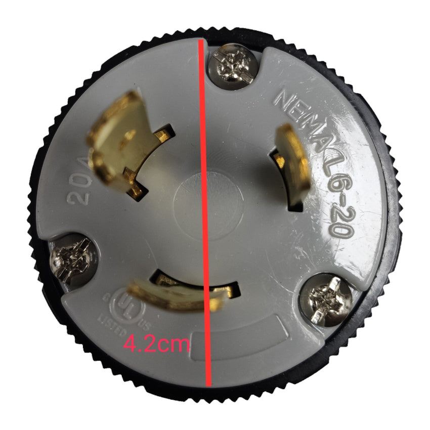 Electrical plug with visible branding and measurements on a white background Grippes 20A Twist Lock Outlet with Plug 3 Pole 2P+E (3P) 250V (NEMA L6) WJ6322B and BL620P with Stainless Plate Cover 9221 Electx Electrical Supply