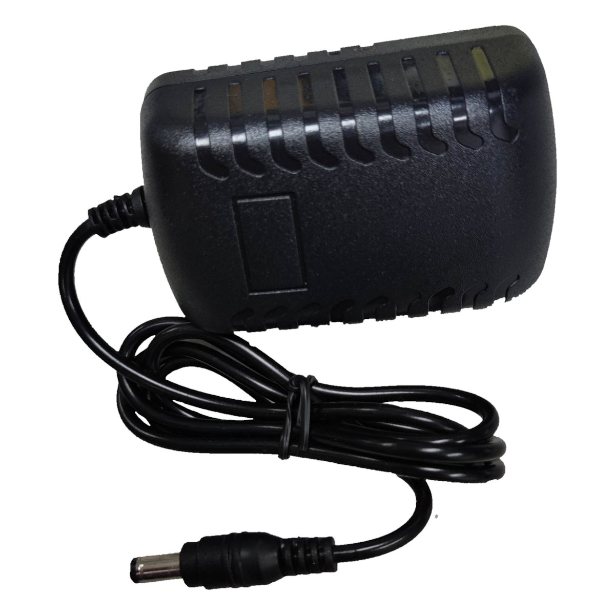 Black power adapter with cable on a white background