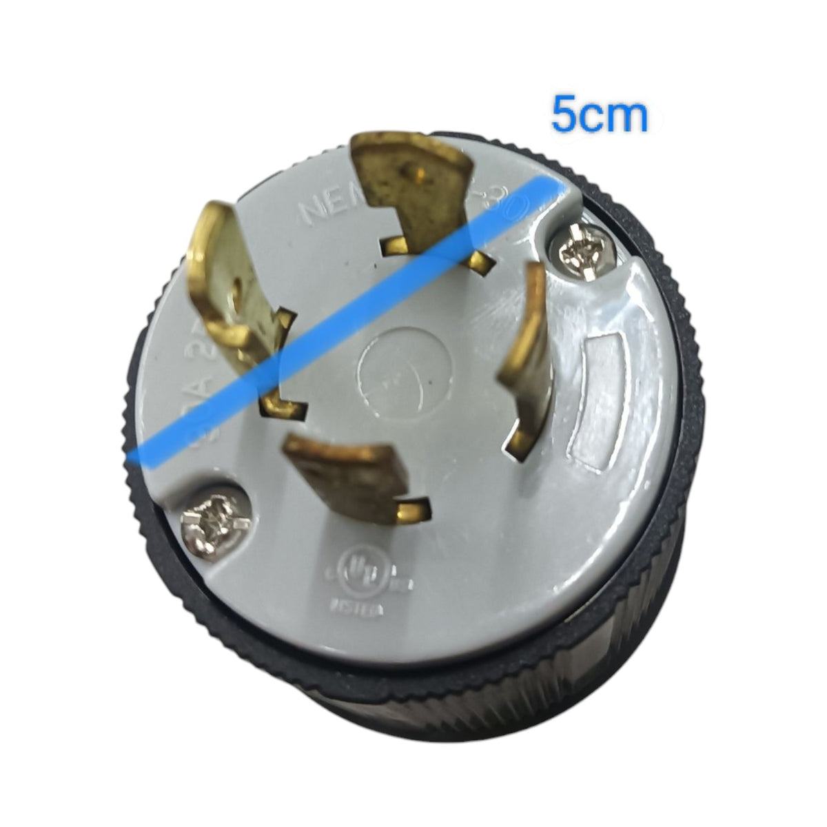 Electrical plug with a blue line indicating 5cm on a white background Grippes 30A Twist Lock Plug 3P+E (4P) 250V (NEMA L15) BL1530P, Twistlock Plug Electx Electrical Supply