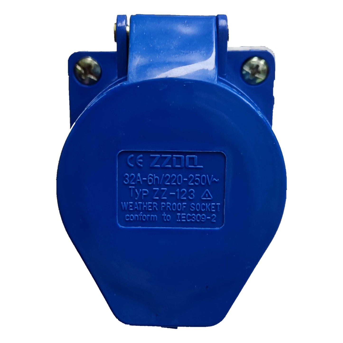 Blue weatherproof socket with CE and ZZQGL branding on a white background