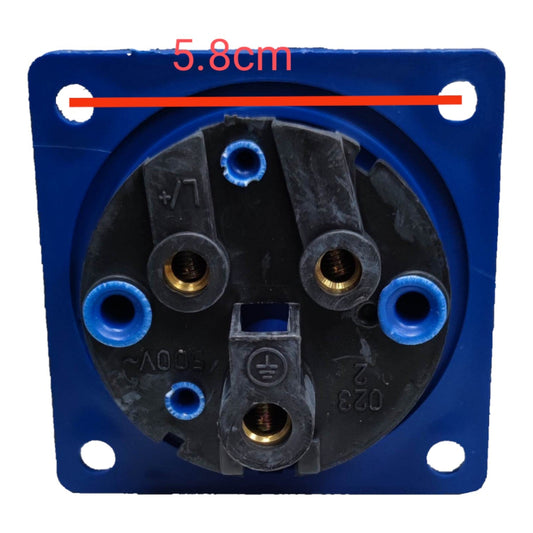 Electrical socket with blue and black design, measurement of 5.8cm shown.