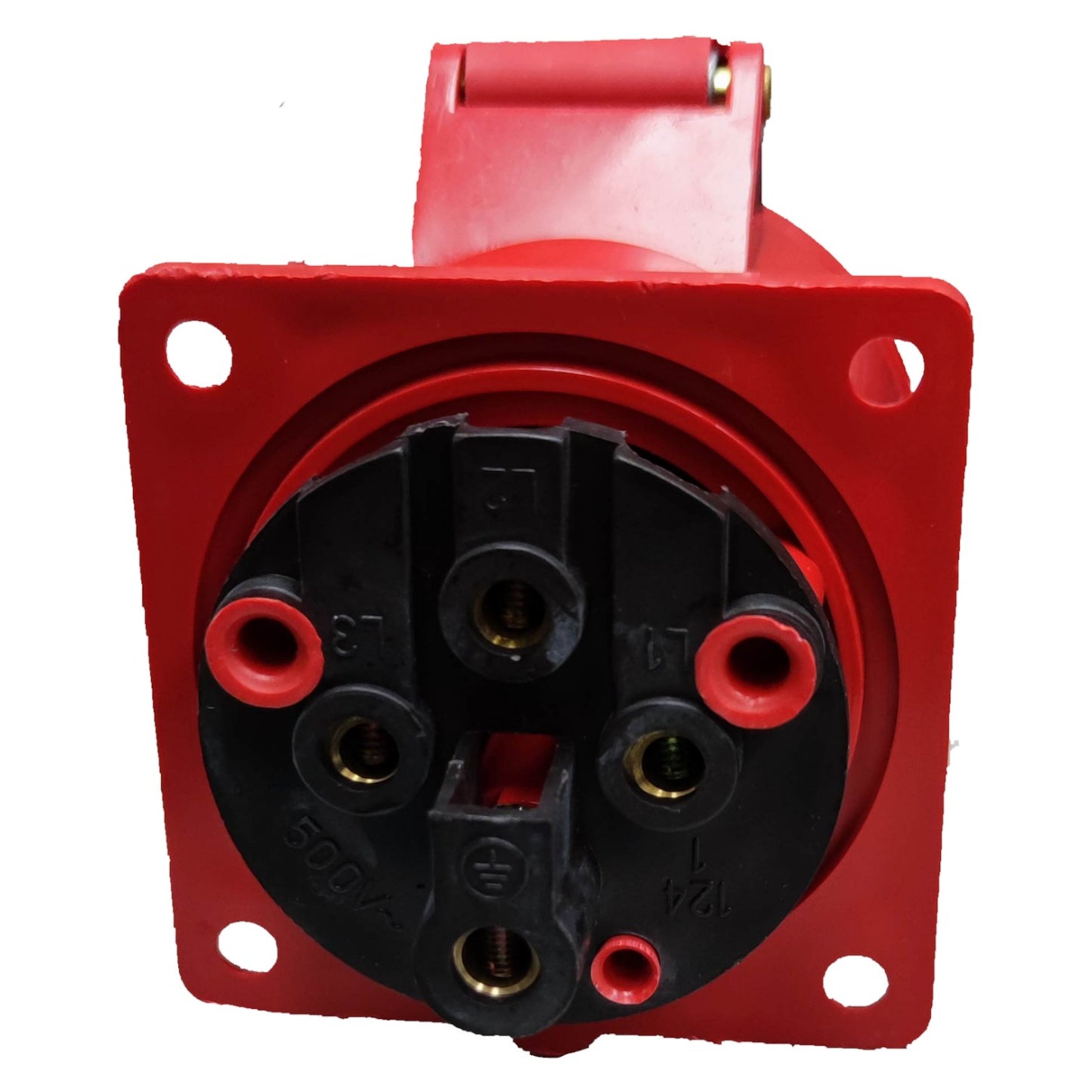 Red electrical plug with black interior on a white background