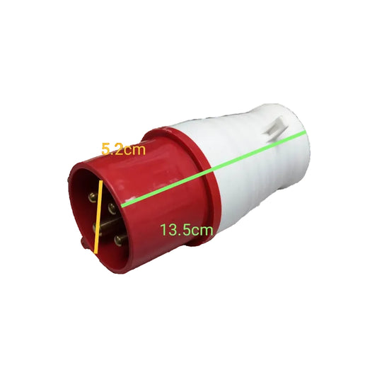 Red and white electrical plug with measurements on a white background