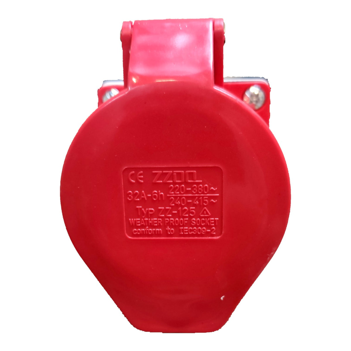 A red plastic weatherproof socket outlet with molded technical specifications printed on the front face, isolated on a white background.