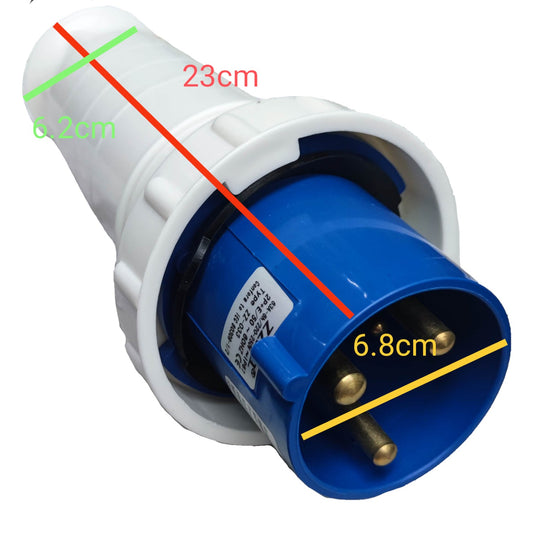 Electrical plug with measurements marked on a white background