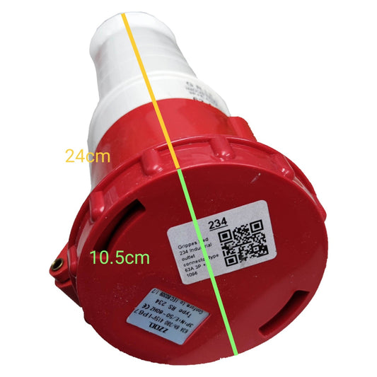 Red and white electrical connector with measurement markings and QR code label on a white background