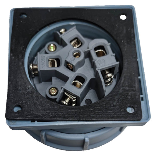 Electrical socket with metallic contacts on a white background