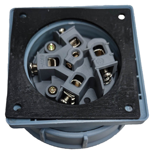 Electrical socket with metallic contacts on a white background