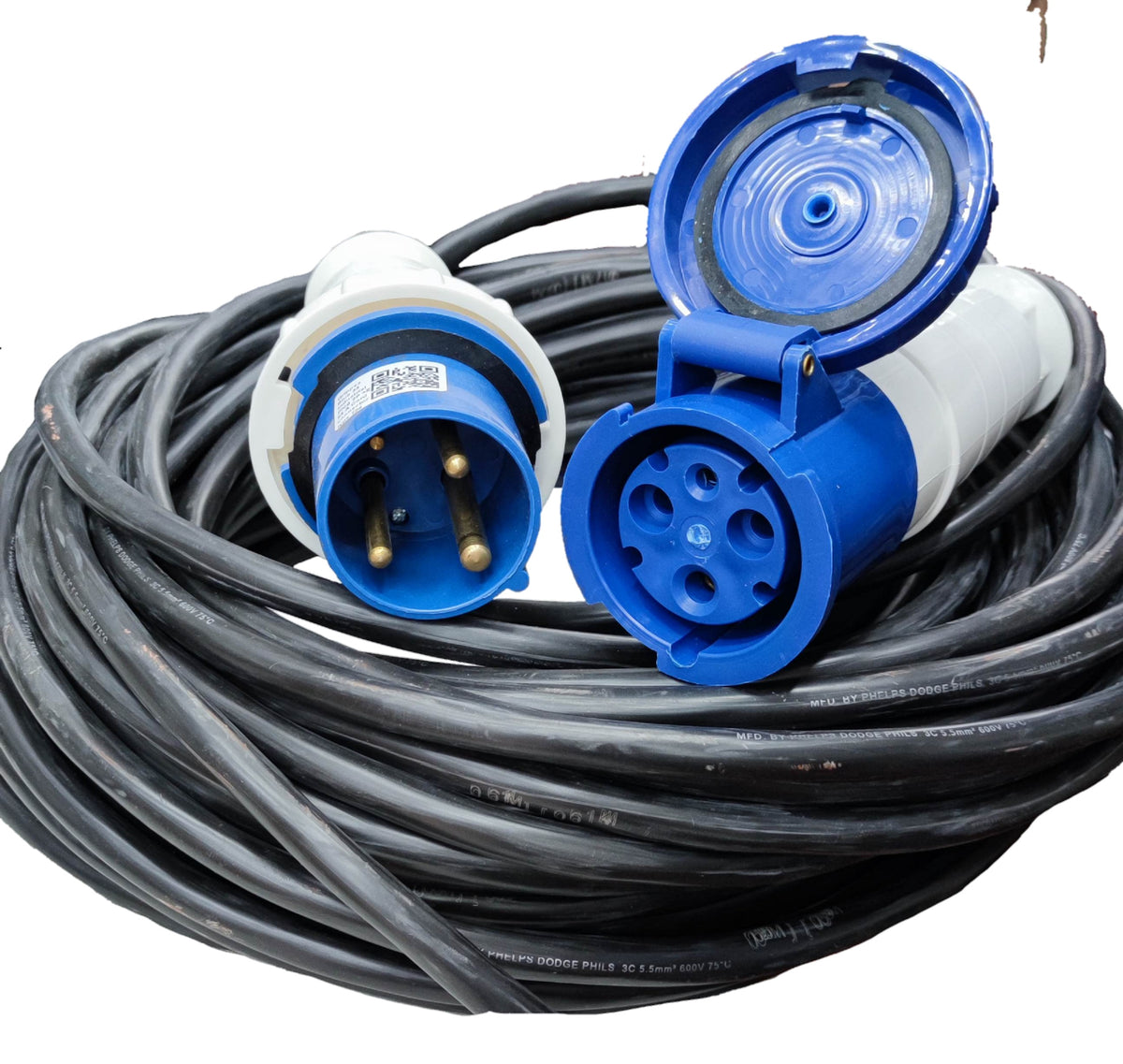 Grippes Phelps Dodge 63A industrial plug and socket with long black heavy-duty cable