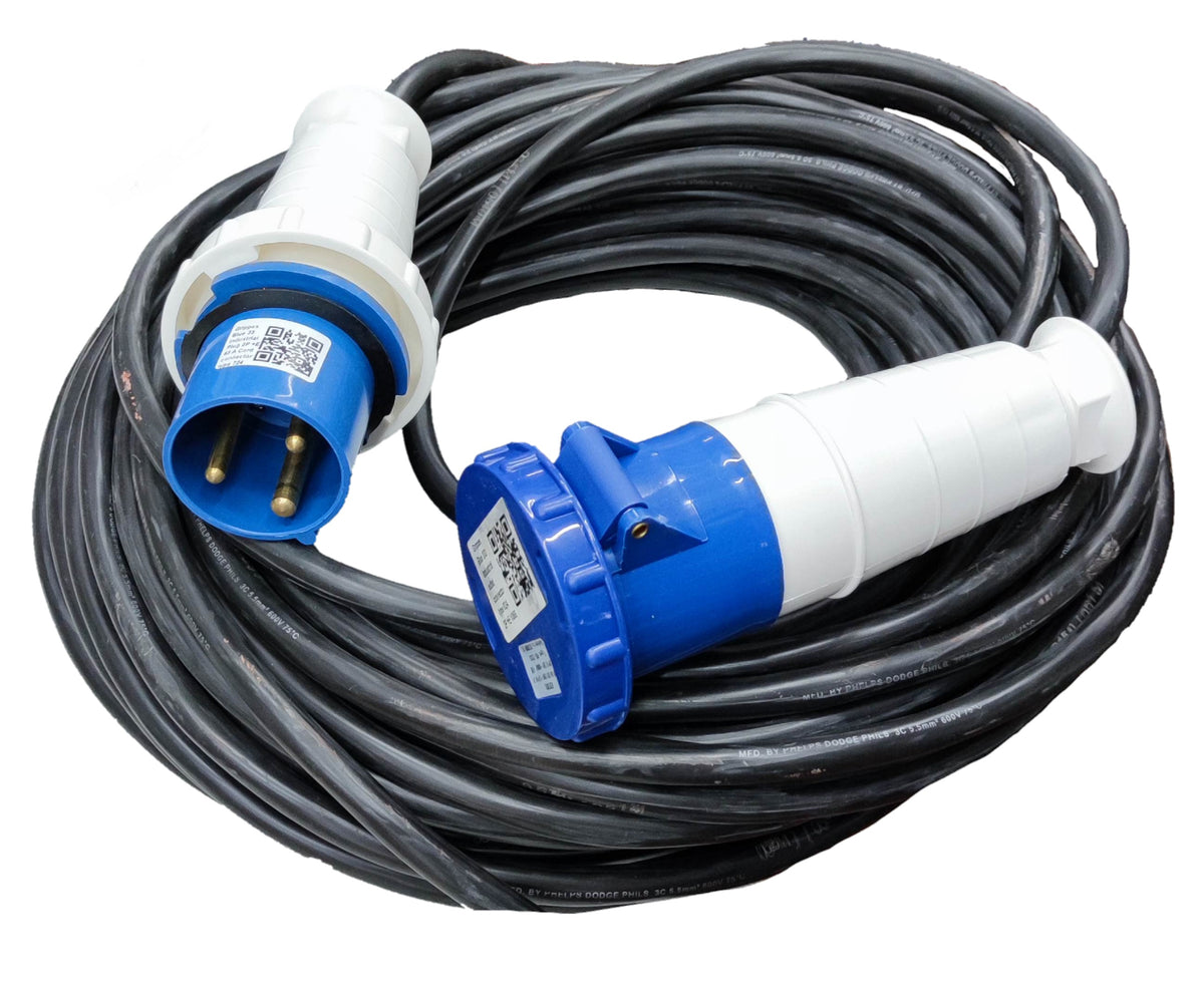 63A industrial plug and socket by Grippes and Phelps Dodge with heavy-duty black cable coil