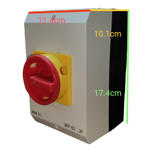 Electrical switch with red button and dimensions labeled on a white background