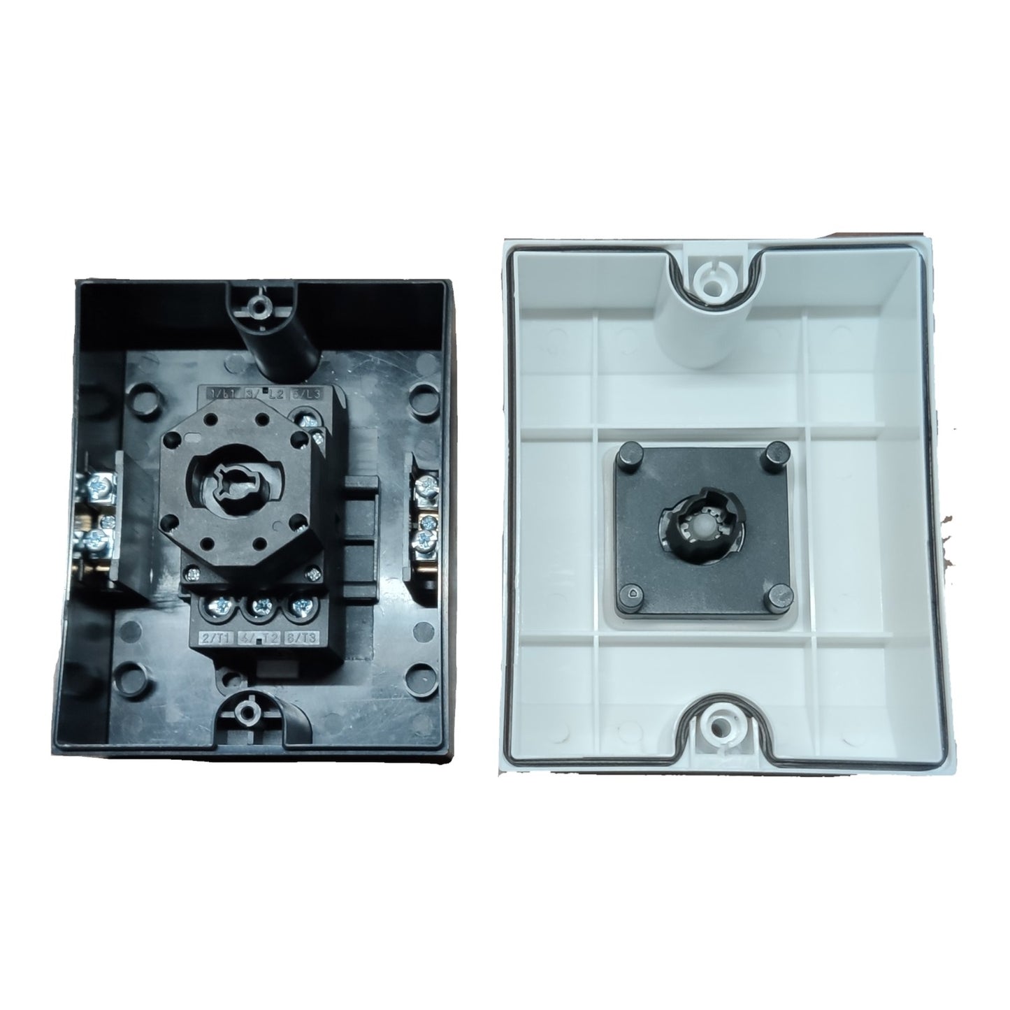Two metallic wall sockets, one black and one silver, on a white background.