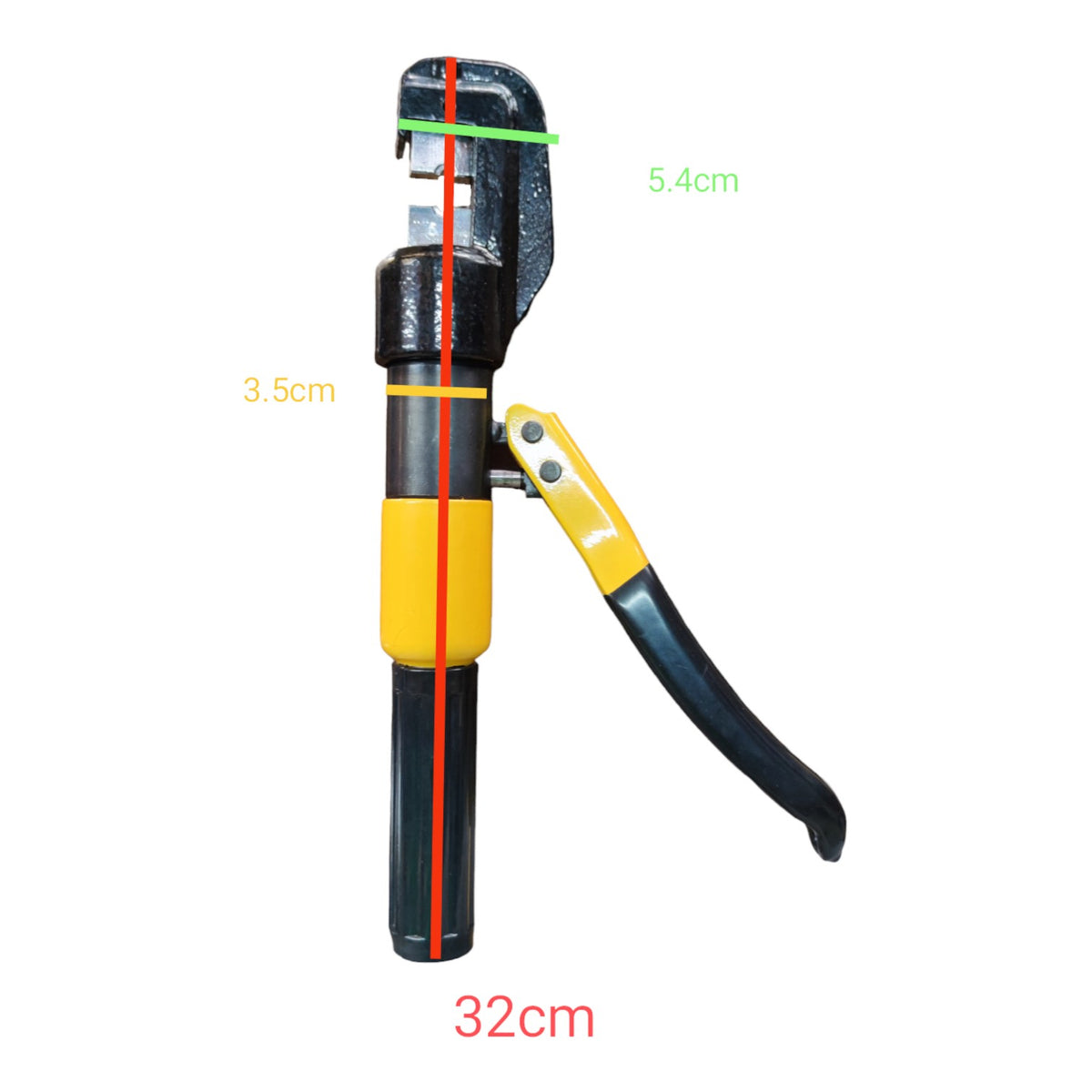 Handheld tool with measurements on a white background
