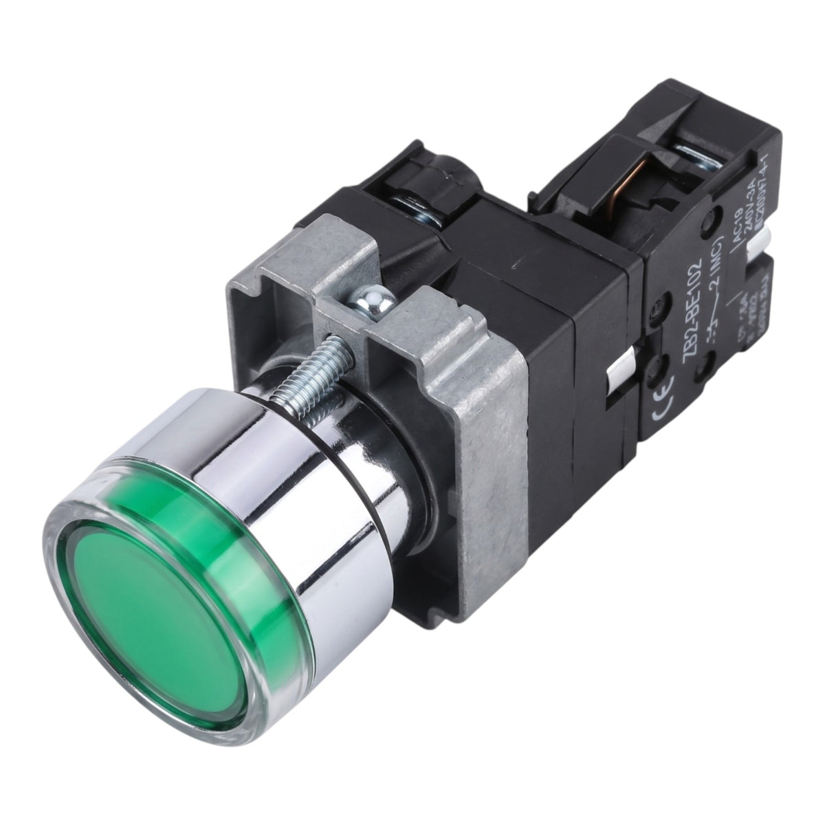 A industrial push-button switch with a green illuminated lens and a black electrical housing, shown on a plain white background.