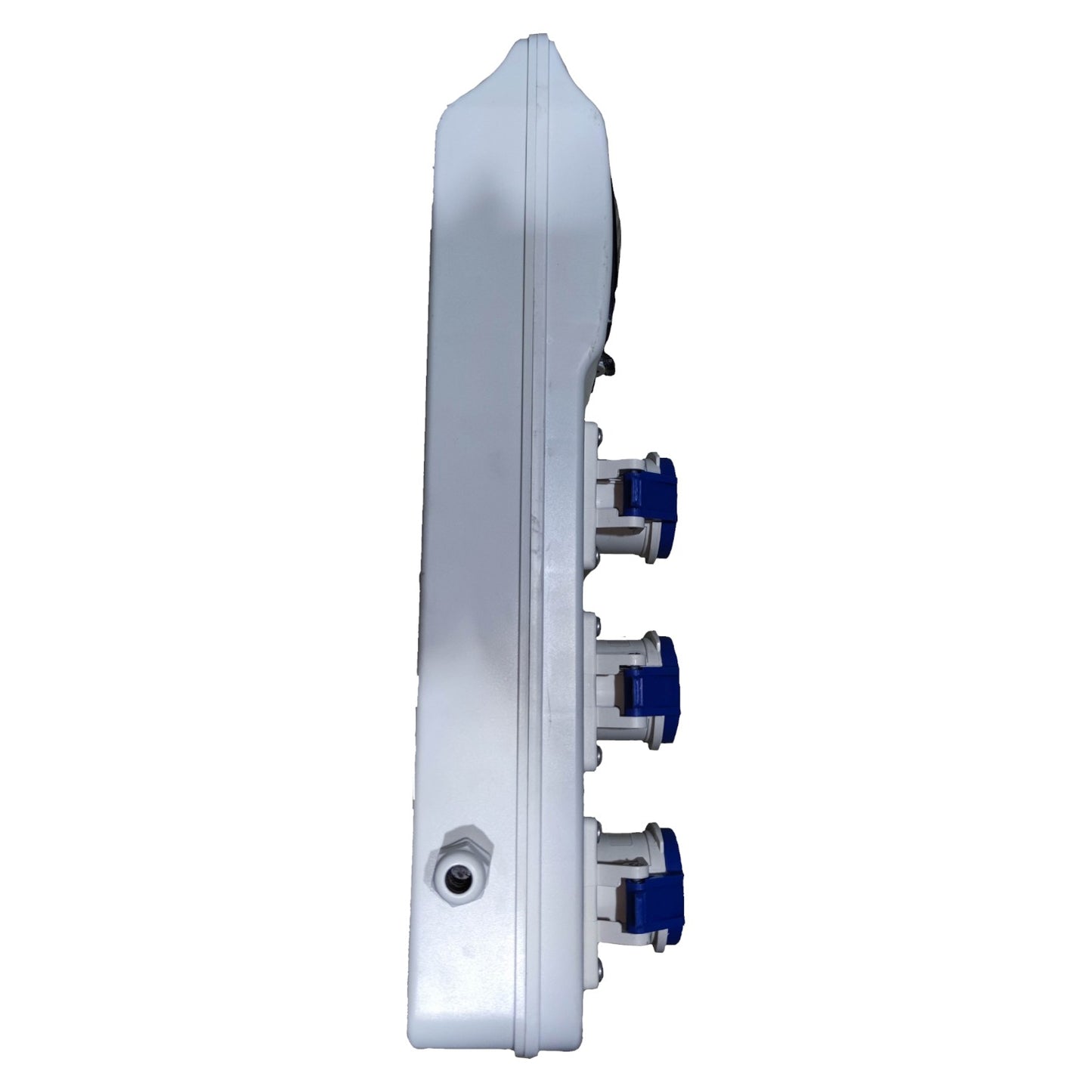 White wall-mounted water valve with blue handles on a white background Grippes Industrial Extension Outlet 3 x 16A 2P+E IP44 ( 3 Pins) 220V with Circuit Breaker Protection Device Electx Electrical Supply